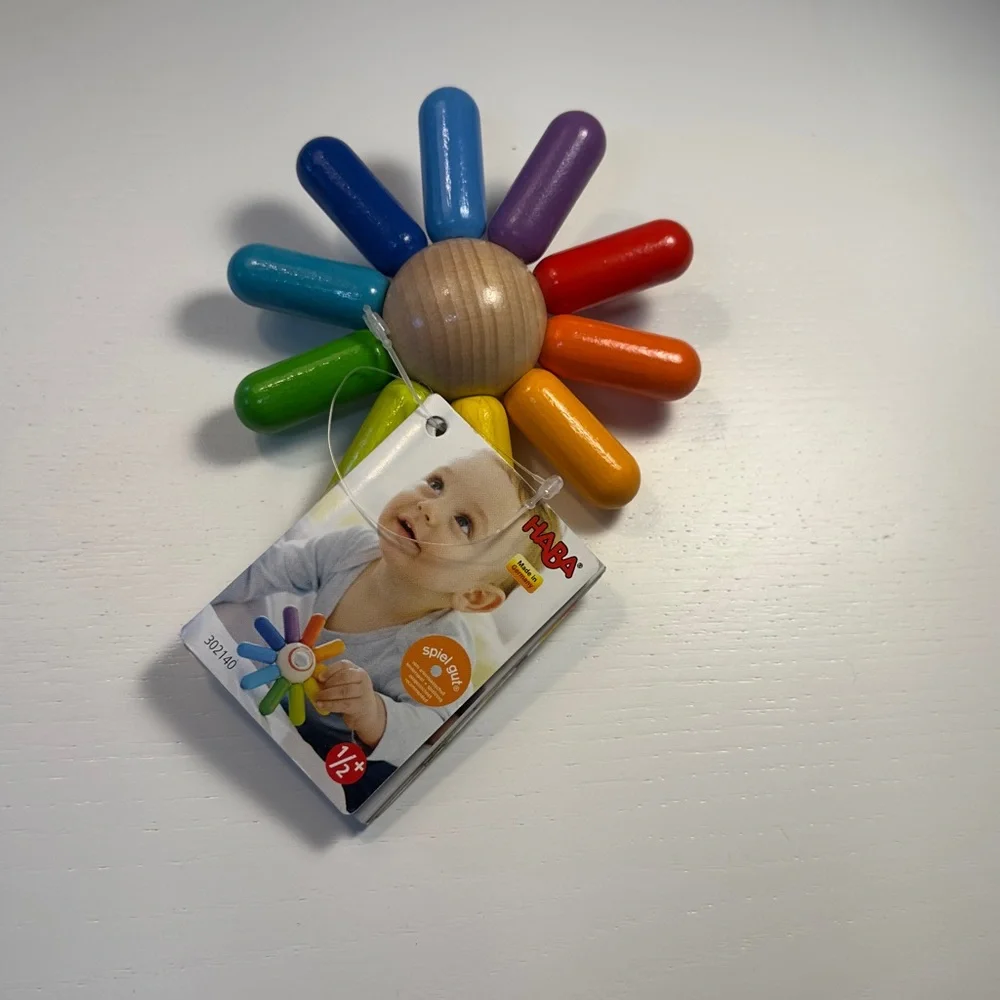 Haba - Rainbow Sun Wooden Clutching Toy Rattle & Teether 6 months and up